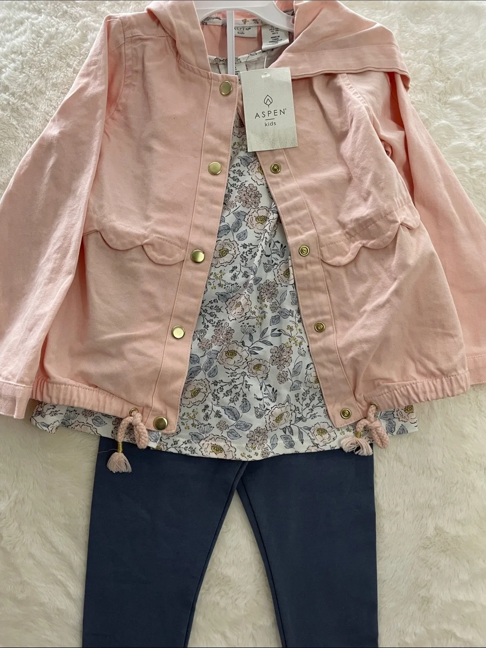SALE! NWT Aspen Kids Pink Hooded Jacket with Floral Top and Navy Leggings 5T